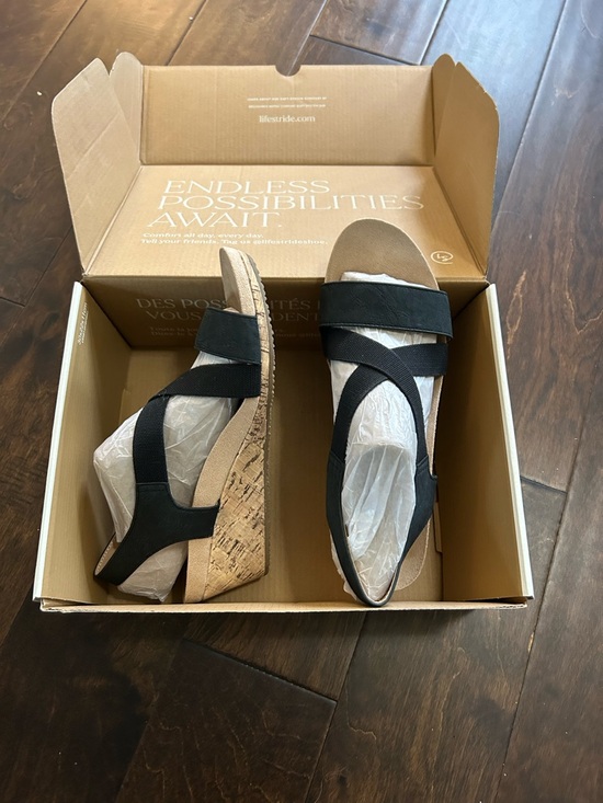 Life Stride Shoes - Life Stride Black Mexico Suede Crisscross Cork-Style Wedge Sandals